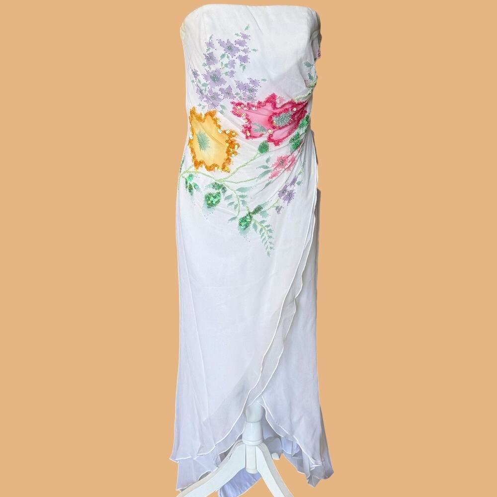 VTG Cache Silk Asymetrical Beaded White Midi Dress Evening Gown Strapless XS